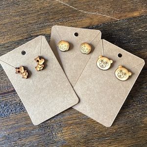 Set of 3 homemade wood earrings dogs bears hippos